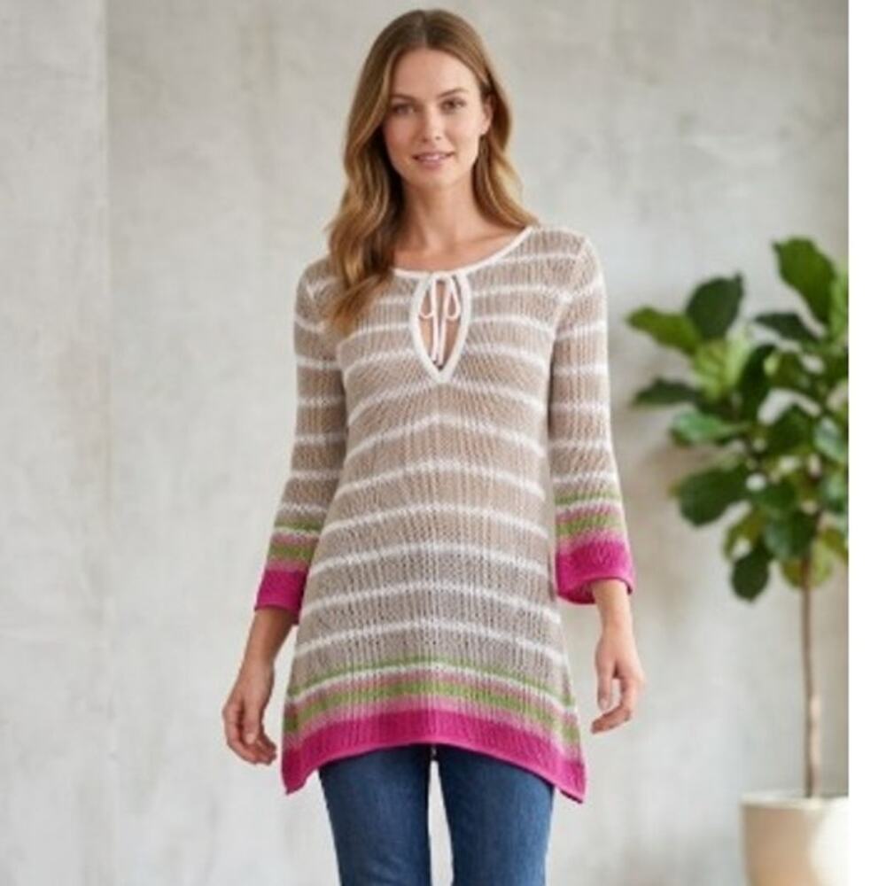 Tommy Bahama Swim Tunic Coverup Womens S Pink Green Striped Knit Keyhole Neck